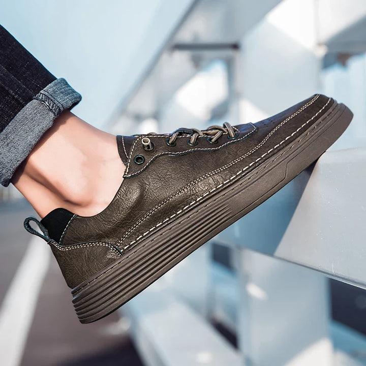 Close-up of Alvo Genuine Leather Sneakers, showcasing premium Italian leather and hand-stitched detailing.
