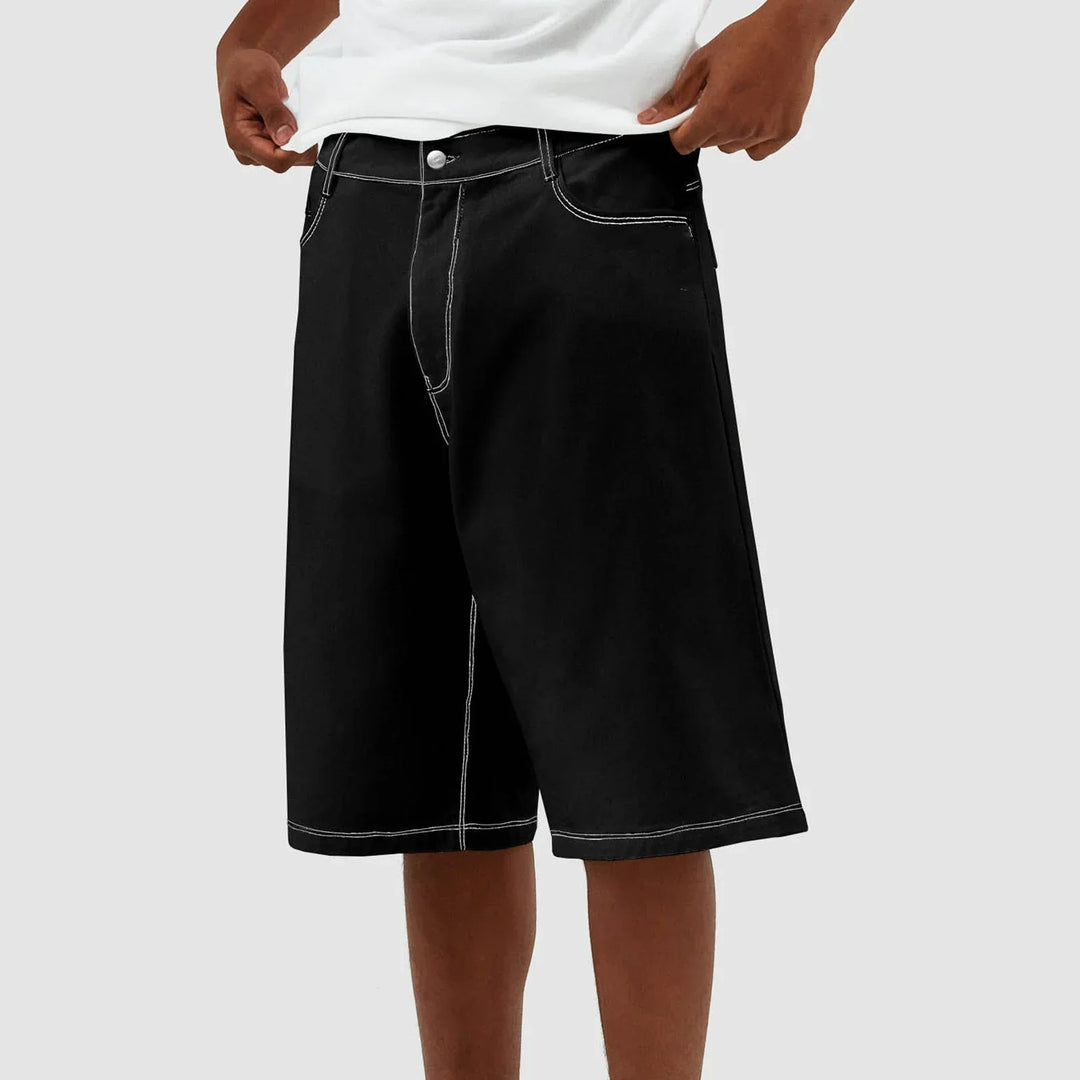 Kai Men's Straight Denim Shorts in black, featuring a structured knee-length fit and refined streetwear style.