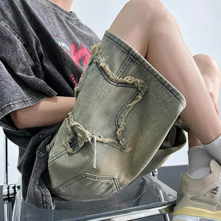 Sidestar Washed Denim Shorts with frayed star patch and relaxed fit, ideal for street style and comfort.