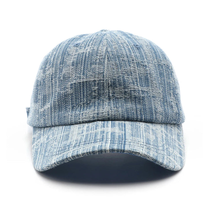 Wyatt Street Denim Cap in vintage wash with worn details, adjustable back strap, perfect for everyday street style.