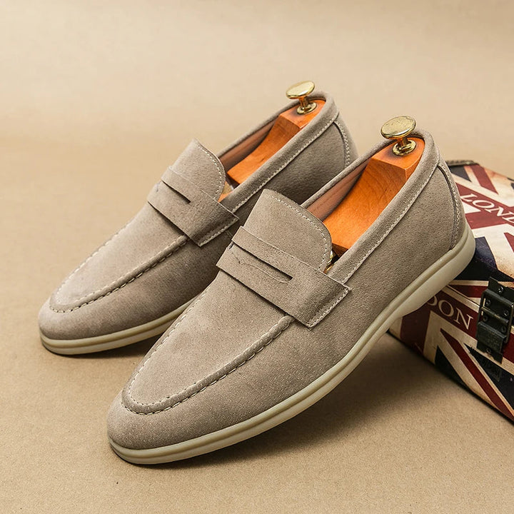 Levor Men's Suede Loafers in light gray with sculptural strap detail and cushioned memory foam footbed.