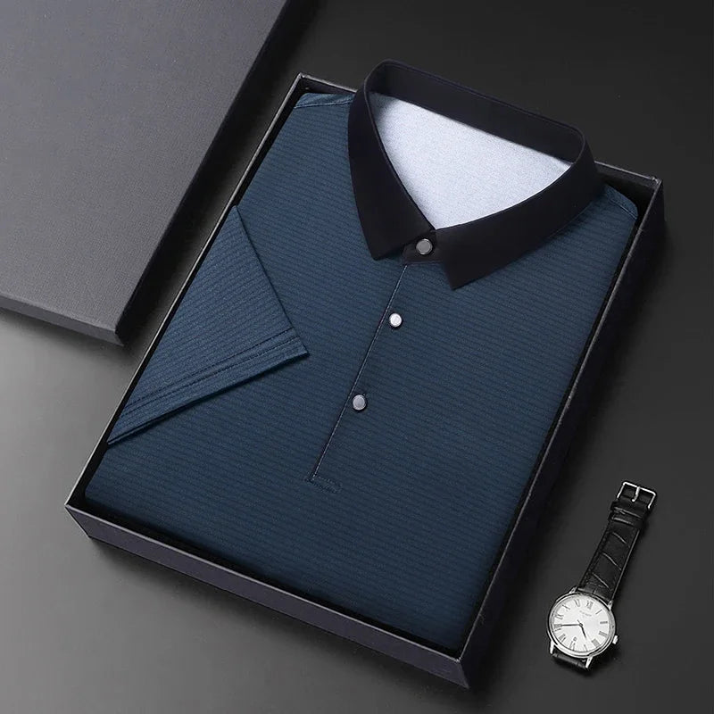 Eden Striped Polo in a sleek box with contrast collar and a watch, showcasing modern style and comfort.