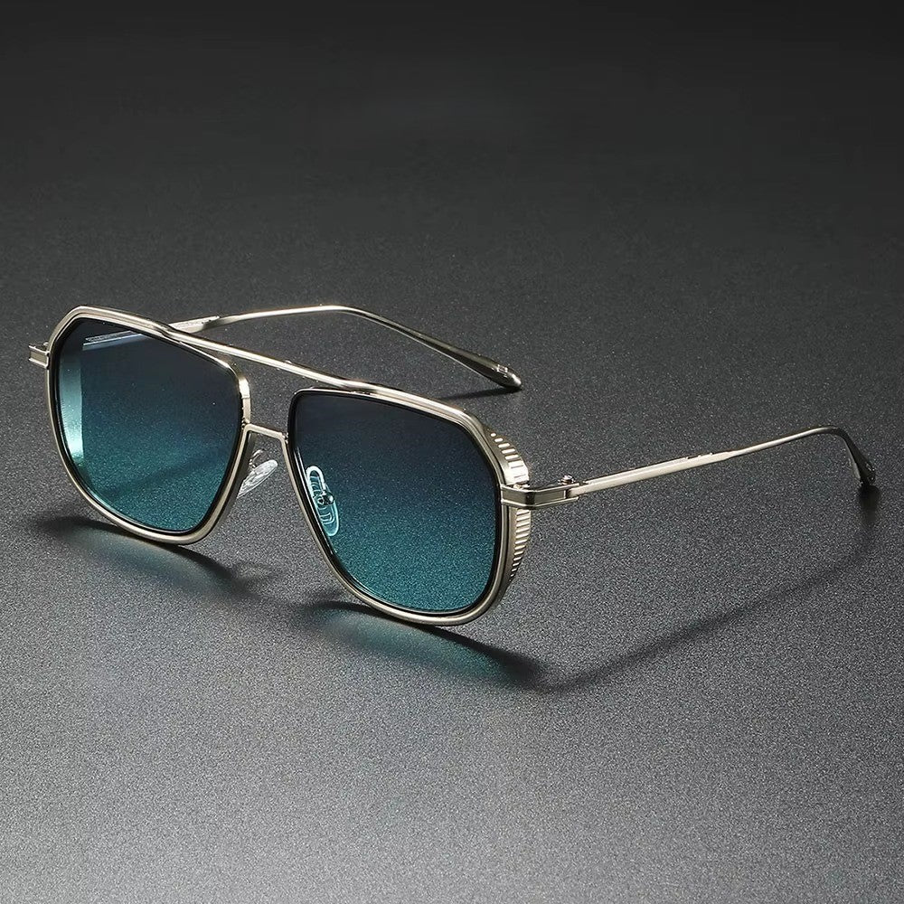 Alloy aviator sunglasses with angled geometric metal frame and UV-protective tinted lenses on a dark background.