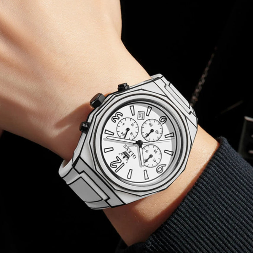 Hypervisual Watch on wrist, featuring a bold 3D design and multi-function chronograph in striking black and white.