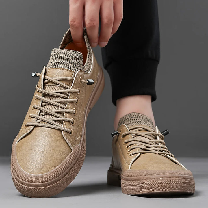 Prime Leather Knit Sneakers with flexible collar and lace-up design for a stylish, comfortable fit.