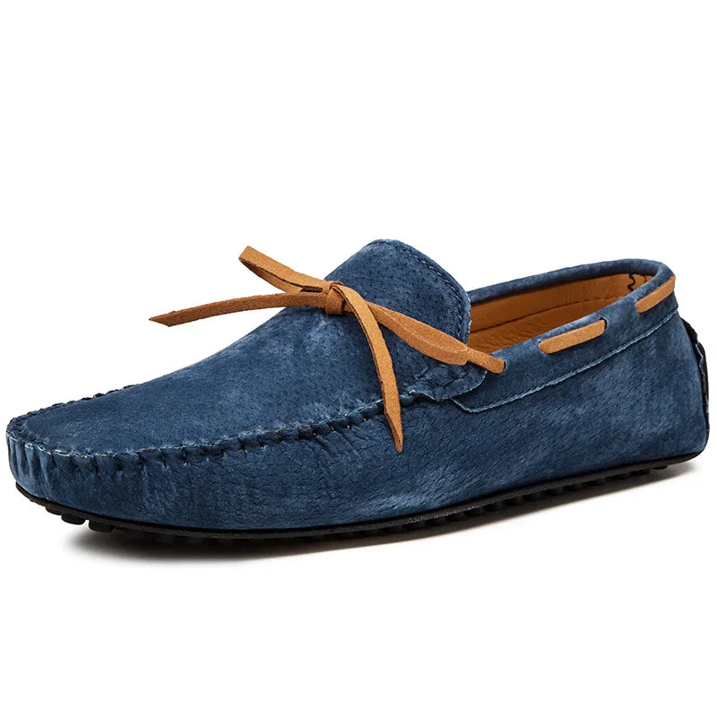 Monte Carlo genuine suede loafers in blue, featuring hand-stitched craftsmanship and premium leather laces.