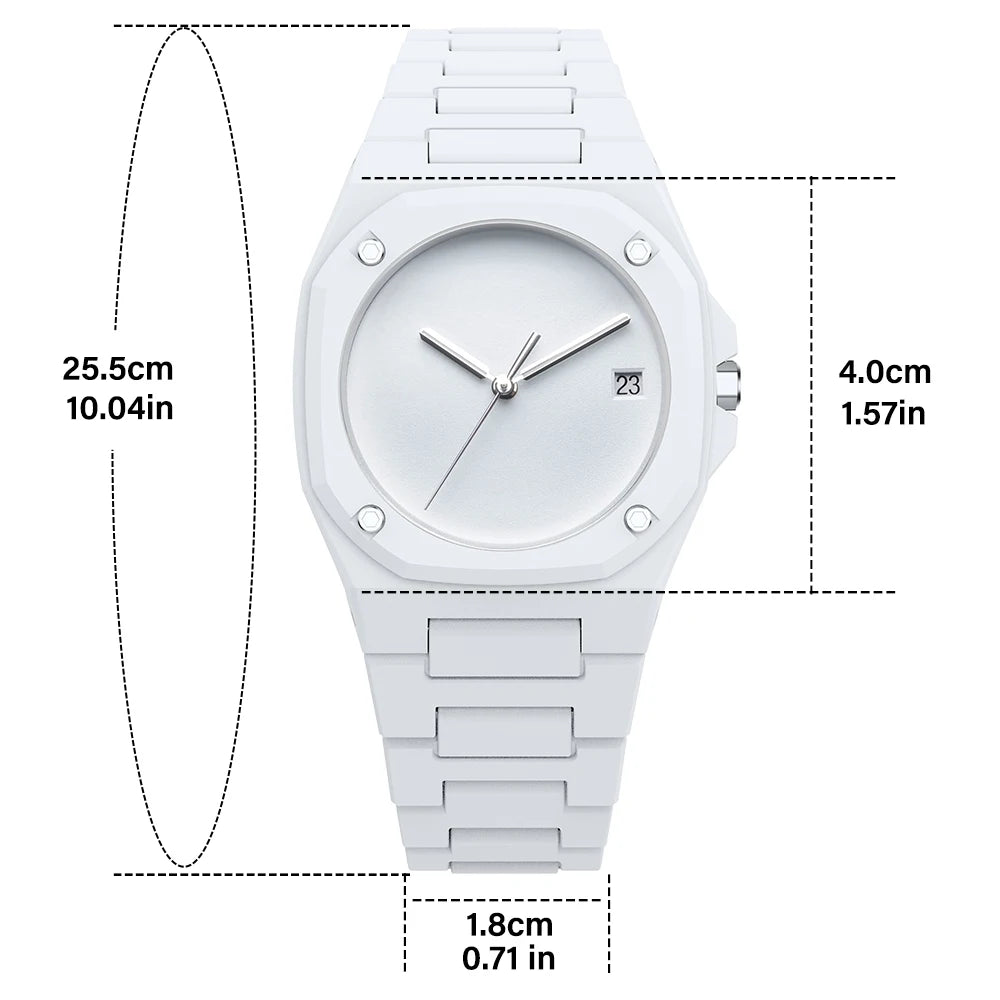 Nova Stealth Watch with minimalist design, 3D effect dial, and adjustable strap dimensions outlined.