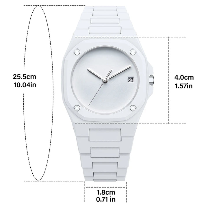 Nova Stealth Watch with minimalist design, 3D effect dial, and adjustable strap dimensions outlined.
