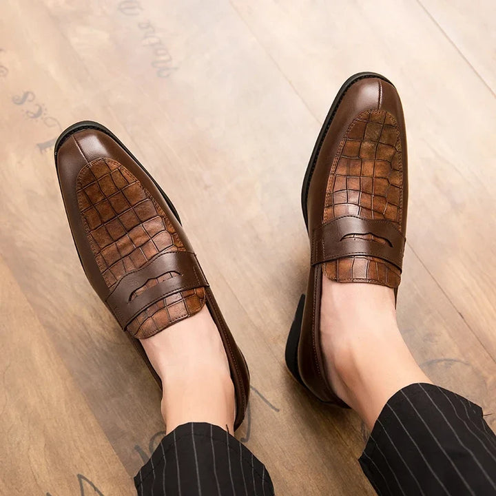 Lucera Men's Leather Crocodile Loafers showcasing polished crocodile texture and cushioned insole for comfort.