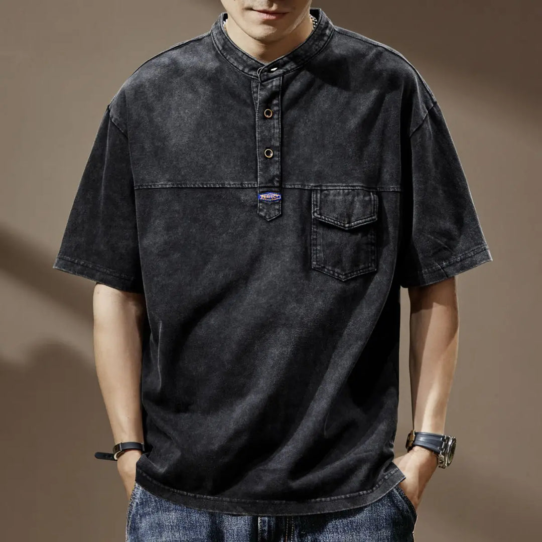 Orin Men's Faded Shirt with mandarin collar, utility pocket, and modern asymmetrical placket design in vintage black wash.