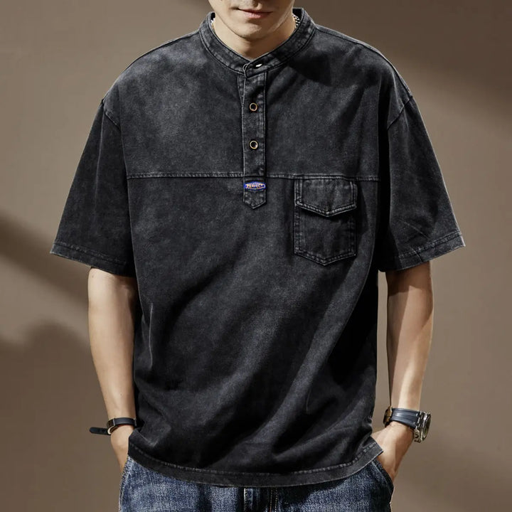 Orin Men's Faded Shirt with mandarin collar, utility pocket, and modern asymmetrical placket design in vintage black wash.