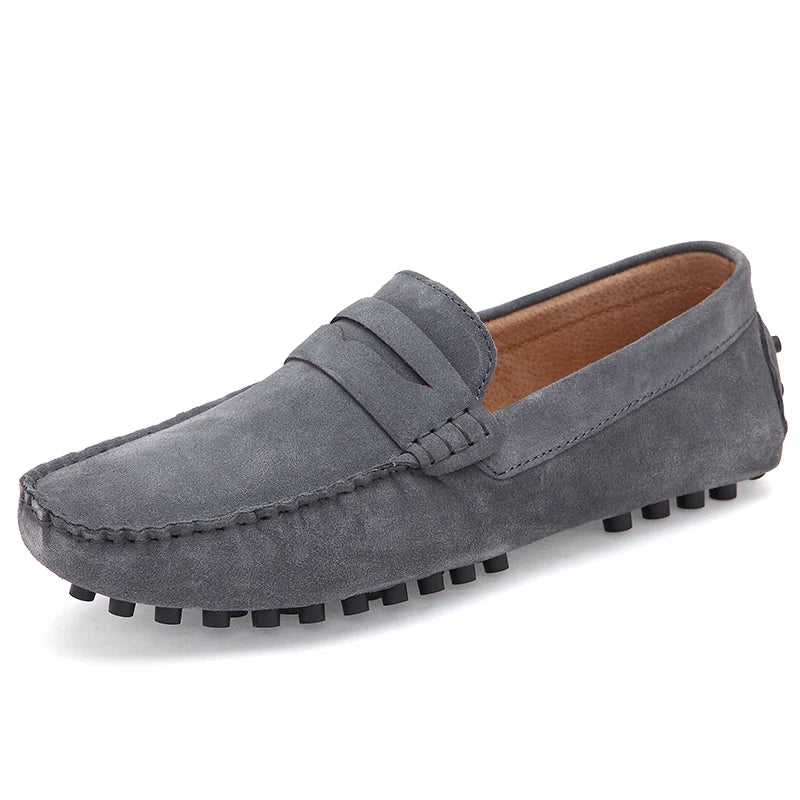 Grazia Suede Loafers in grey, featuring authentic cow suede upper, hand-stitching, and textured rubber sole.