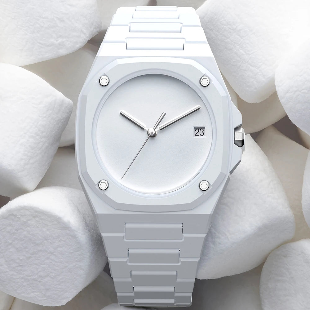 Nova Stealth Watch with minimalist design, 3D effect dial, lightweight build, and water resistance, set against marshmallow background.
