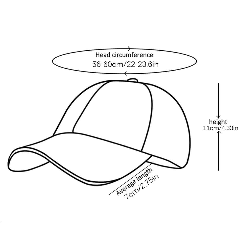 Wyatt Street Denim Cap sizing guide with measurements for head circumference and height dimensions.