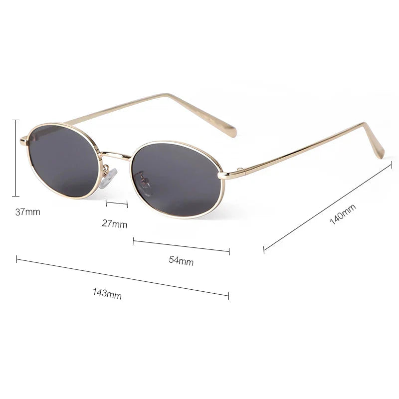 Orin Oval Frame Sunglasses with gold metallic frame, scratch-resistant lenses, and UV400 protection, measuring 140mm.
