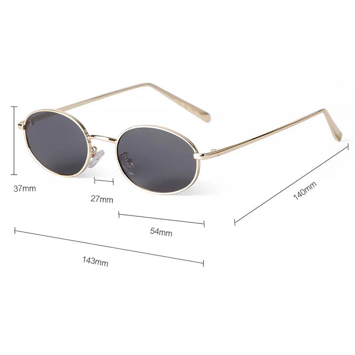 Orin Oval Frame Sunglasses with gold metallic frame, scratch-resistant lenses, and UV400 protection, measuring 140mm.