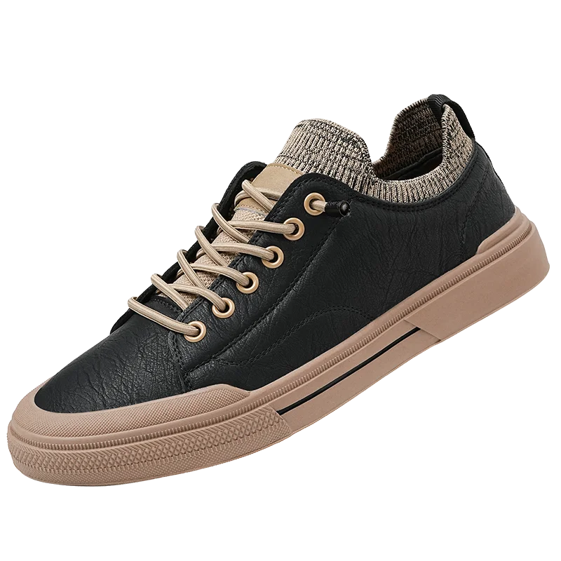 Prime Leather Knit Sneakers in black with flexible knit collar, lace-up design, and durable rubber sole for comfort and style.