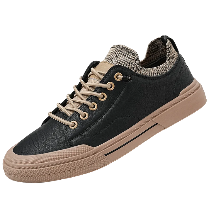 Prime Leather Knit Sneakers in black with flexible knit collar, lace-up design, and durable rubber sole for comfort and style.