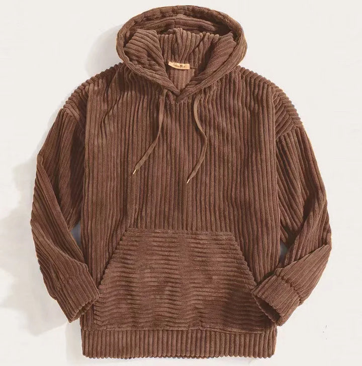 Summit corduroy hoodie in rich brown, featuring ribbed texture, relaxed fit, and spacious front pocket for ultimate comfort.