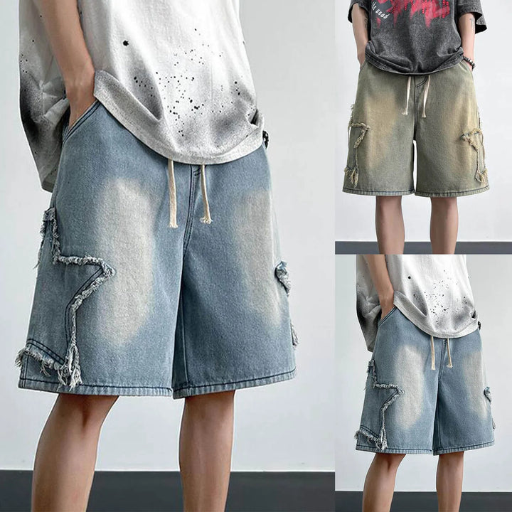 Sidestar washed denim shorts with frayed star patches, drawstring waist, and relaxed skater fit in various colors.
