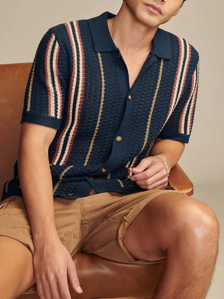 Vera men's knitted shirt with vertical stripes in navy, featuring a smart collar and breathable textured knit for daily comfort.