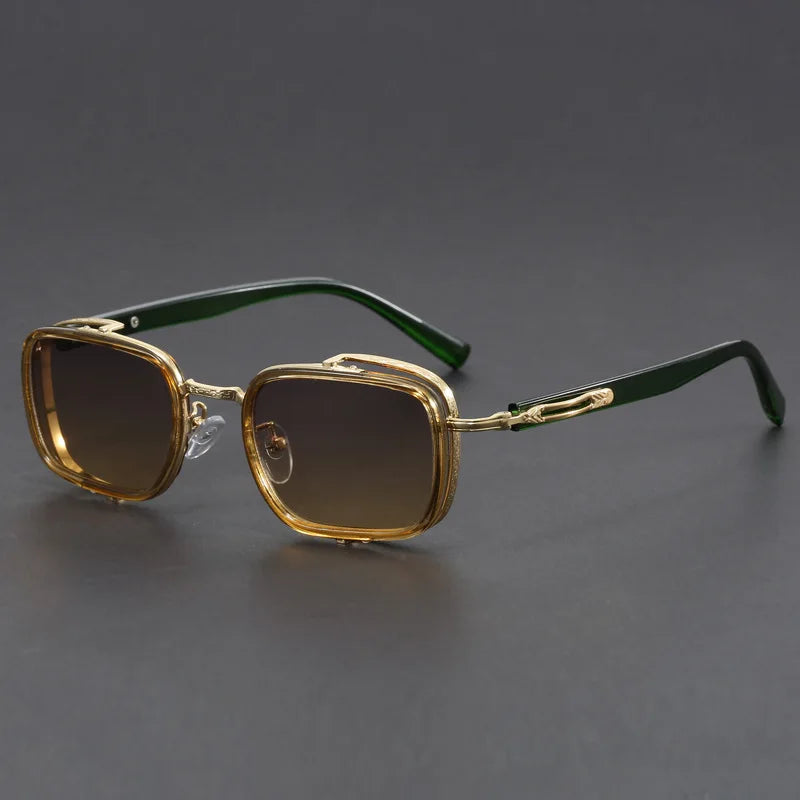 Elias Rectangle Frame Sunglasses with gold and green frames, featuring a square lens design and UV400 protection.