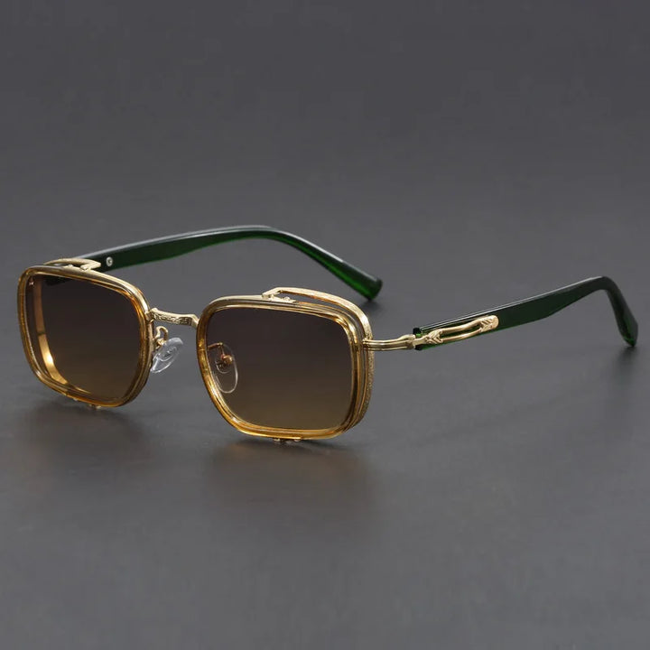 Elias Rectangle Frame Sunglasses with gold and green frames, featuring a square lens design and UV400 protection.