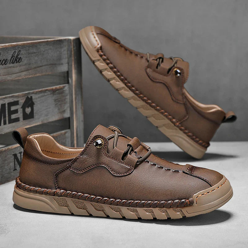 Vantage Genuine Leather Shoes in brown with hand-stitched detailing and flexible rubber sole for comfort and durability.