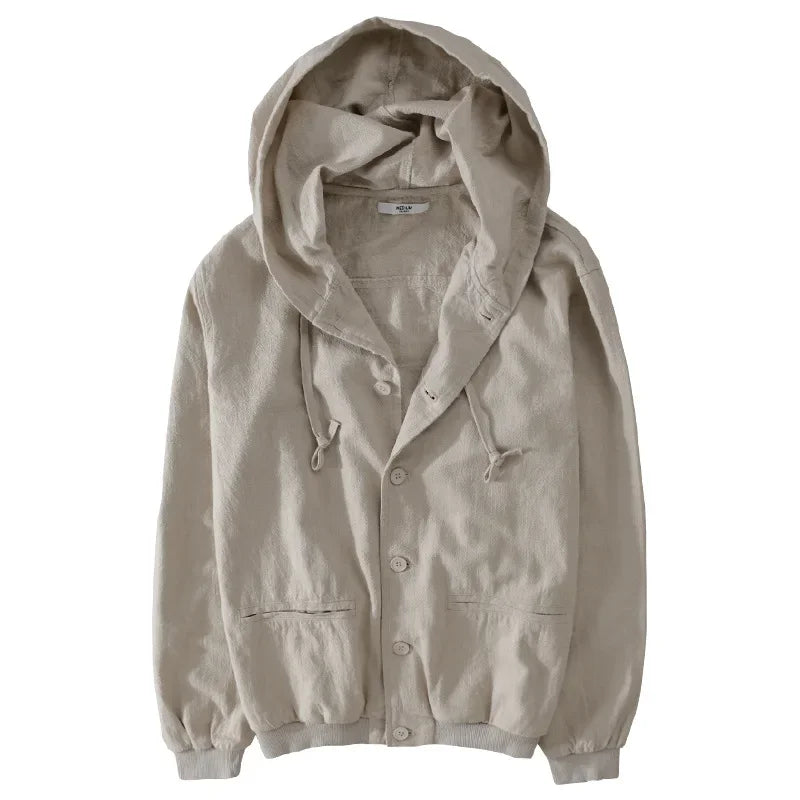 Element Linen Hoodie in light beige with adjustable drawstring hood and front button closure.