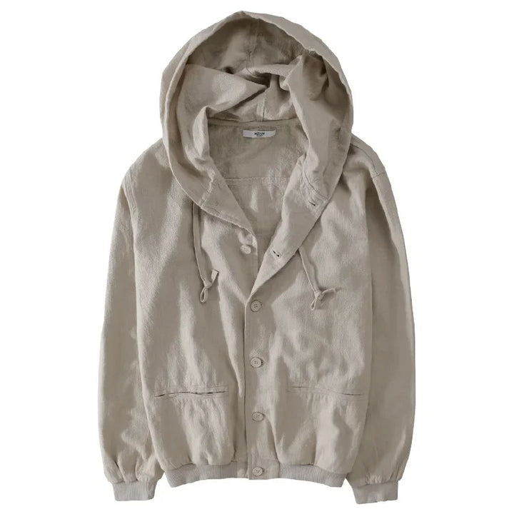 Element Linen Hoodie in light beige with adjustable drawstring hood and front button closure.