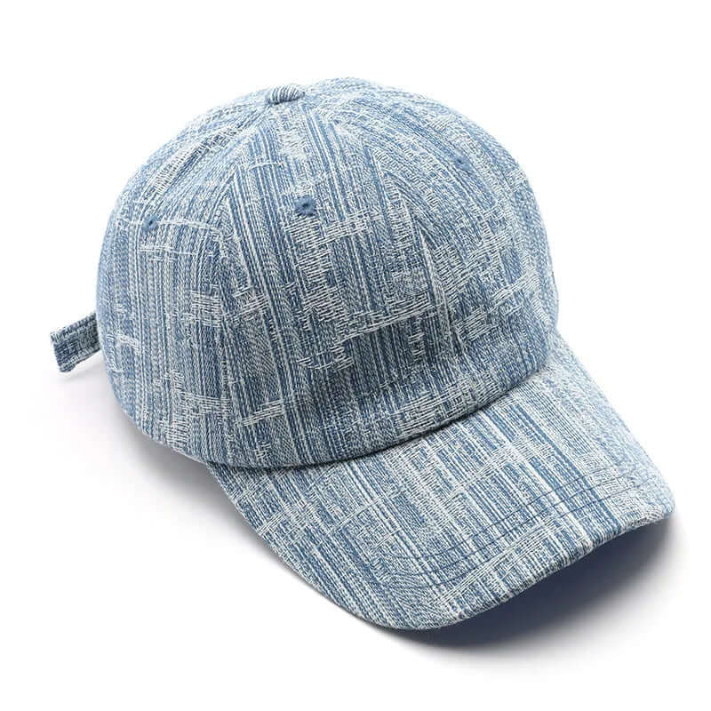 Wyatt Street Denim Cap in faded blue cotton denim with vintage wash and adjustable back strap for custom fit.