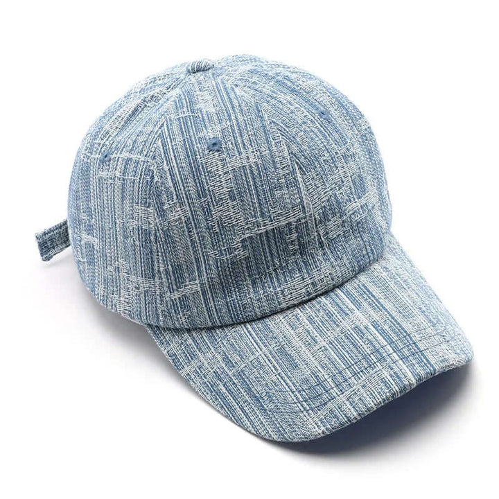 Wyatt Street Denim Cap in faded blue cotton denim with vintage wash and adjustable back strap for custom fit.