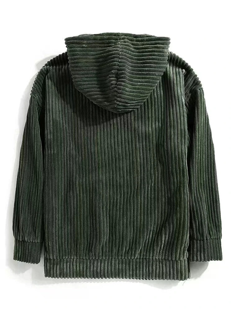 Back view of a premium green corduroy hoodie featuring ribbed texture and cozy hood for ultimate comfort.