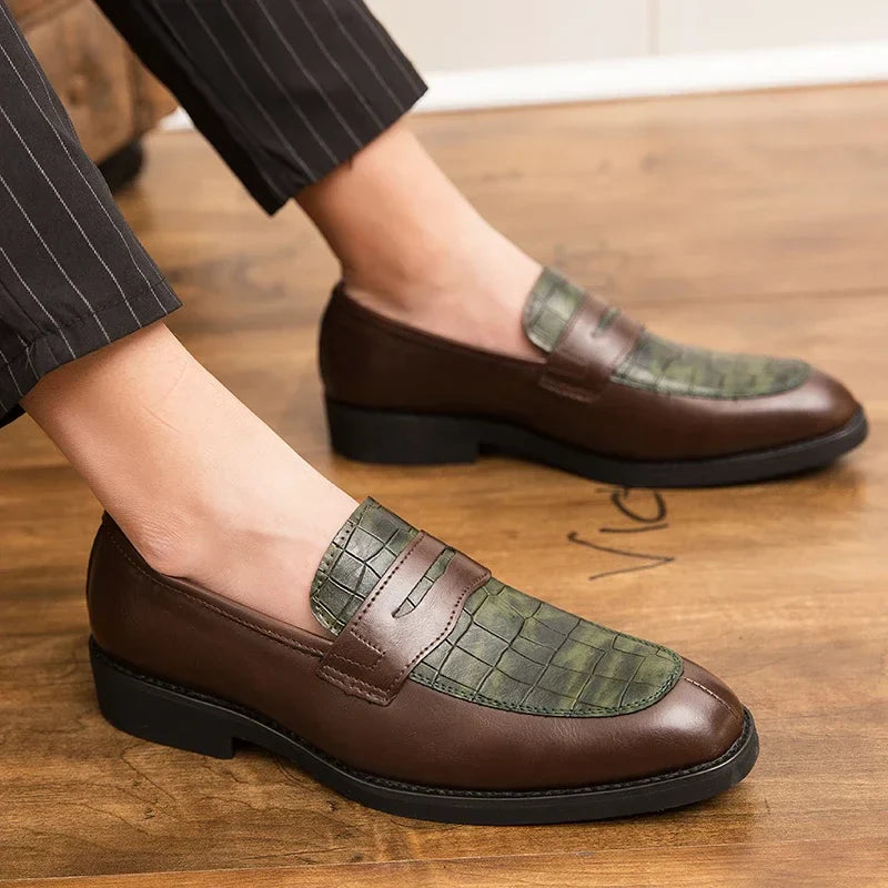 Lucera men's leather crocodile loafers featuring a polished green crocodile finish and cushioned insole for ultimate comfort.