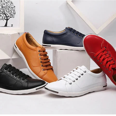 Colorful collection of Paxton Low-Top Comfort Sneakers in black, white, red, navy, and tan on display.