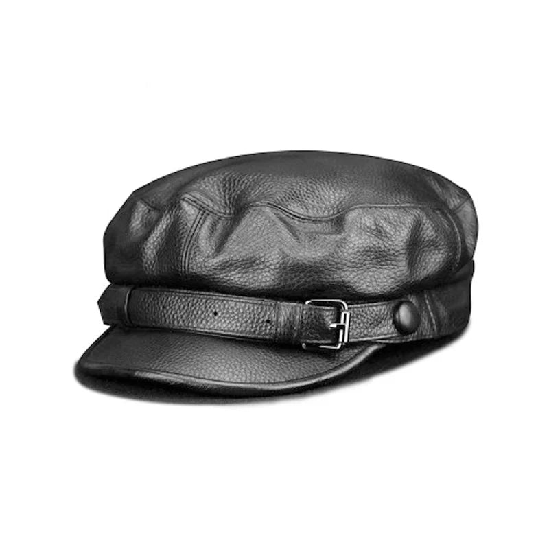 Black leather cowhide hat with an adjustable strap for a secure fit and classic Western style.