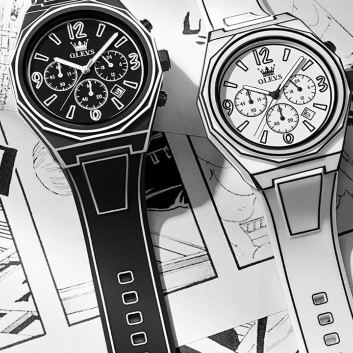 Black and white Olevs watches on a comic book background, showcasing unique chronograph design and style.