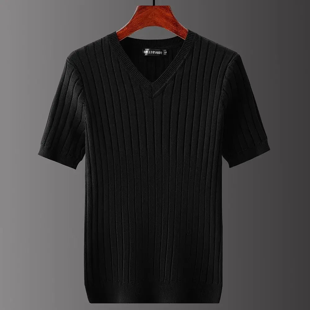 Evren Men's Ribbed V-Neck Tee in black, showcasing sleek contoured ribbed texture and tailored short sleeves.
