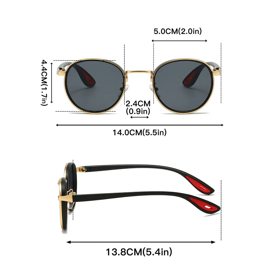 Alton Round Frame Sunglasses dimensions showing lightweight frame, gradient lenses, and ergonomic design for sun protection.