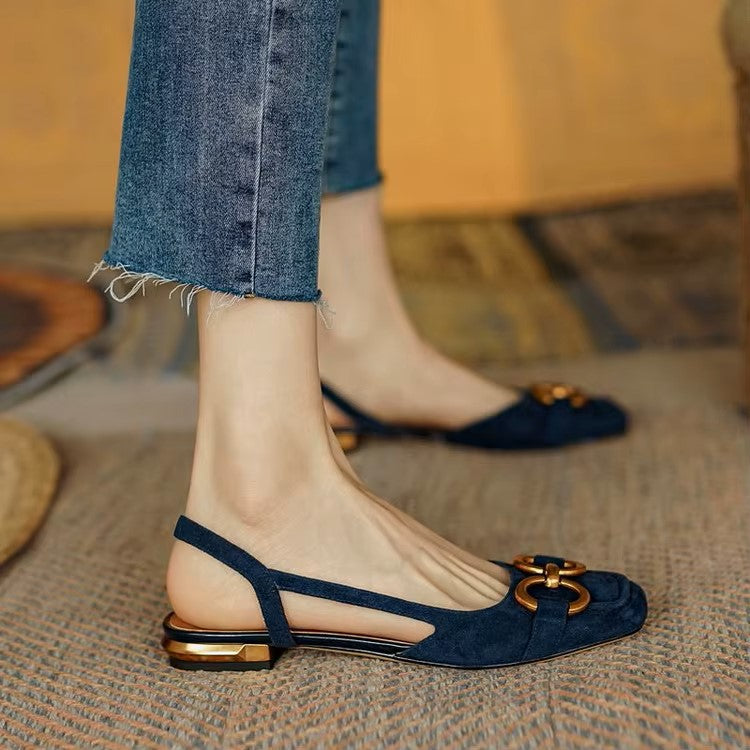 Rivena slingback sandals with metallic detail, structured square toe, and cushioned footbed for all-day comfort.