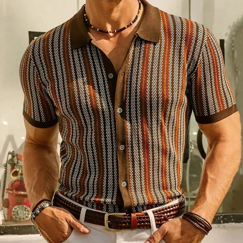Beaumont men's short-sleeve button-up shirt with vintage herringbone stripes in earthy tones.