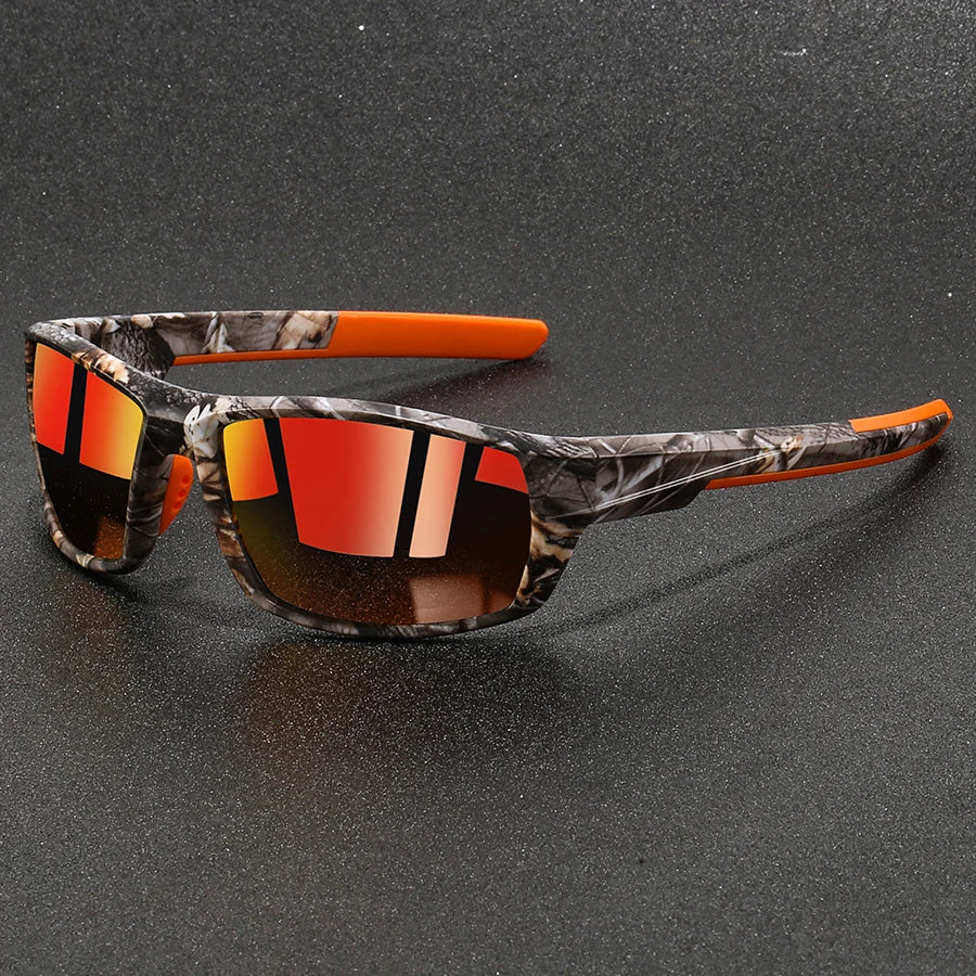 Woodlands Polarized Sunglasses with camo-print frame and red mirrored lenses for UV protection and glare-free vision.