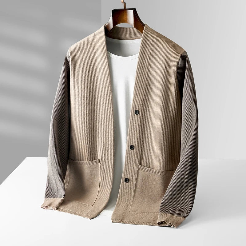 Rowan Merino Cardigan in tan with ribbed contrast sleeves and button-front design, ideal for all-day comfort.