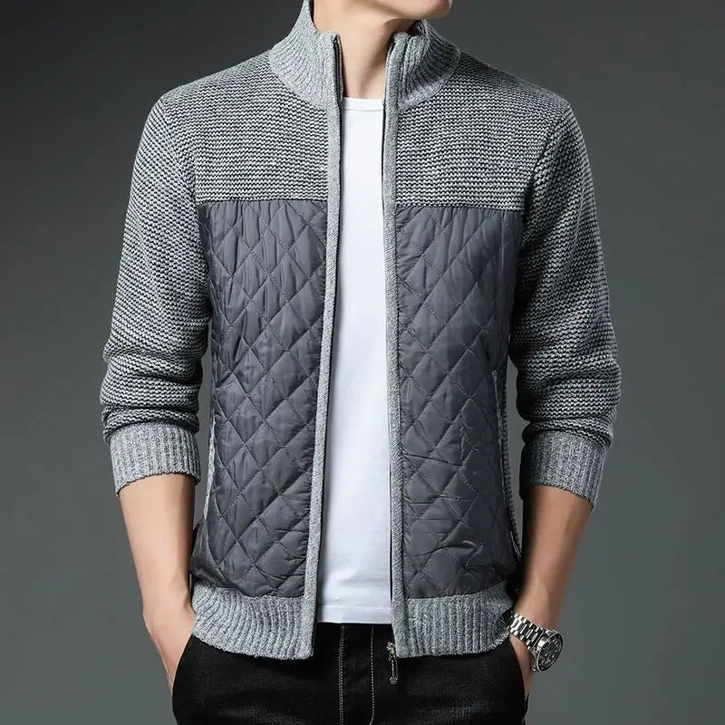 Men's Monarch Quilted Zip-Up cardigan featuring quilted front and textured knit sleeves, showcasing a stylish, casual look.