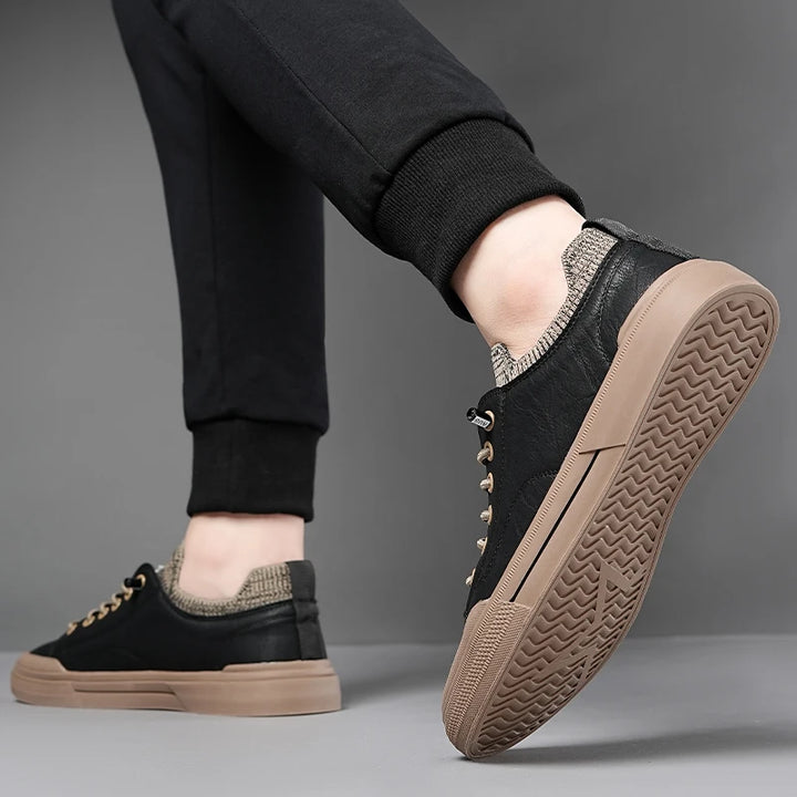 Stylish Prime Leather Knit Sneakers with flexible collar and durable rubber sole, perfect for comfort and versatility.