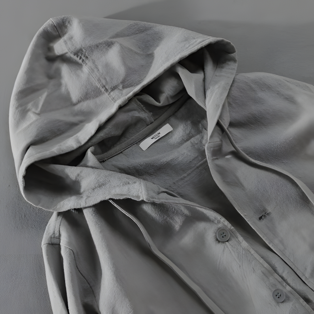Element Linen Hoodie in gray featuring a roomy hood, adjustable drawstring, and heavy-duty button closure.