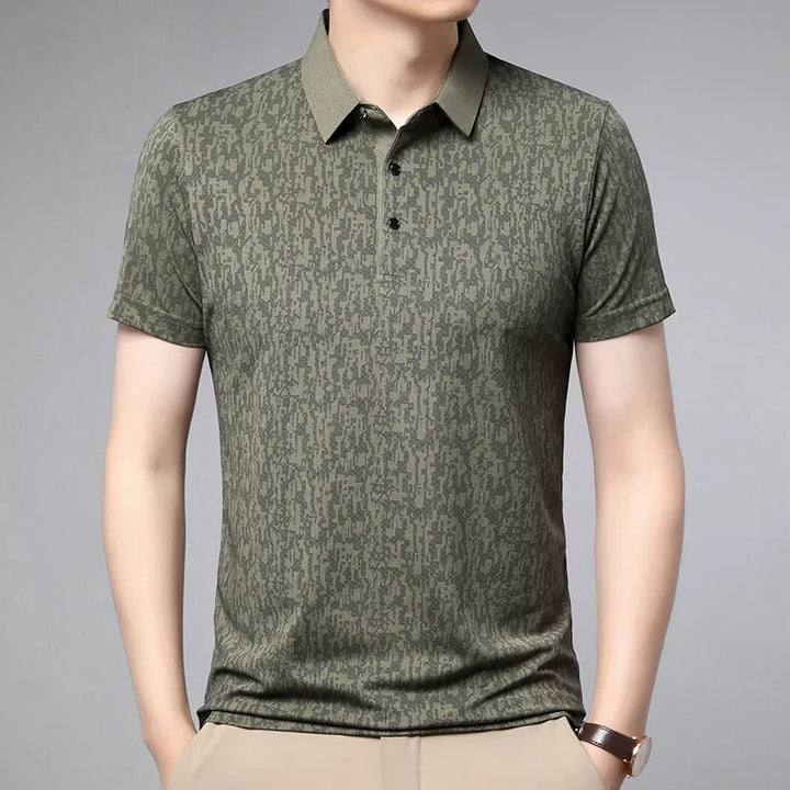 Auren Men's Jacquard Polo Shirt in olive green, featuring a textured knit for comfort and a structured collar.