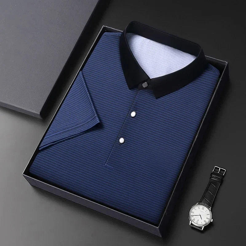Eden Striped Polo in box, featuring a bold contrast collar, micro-stripe texture, and stylish watch beside it.