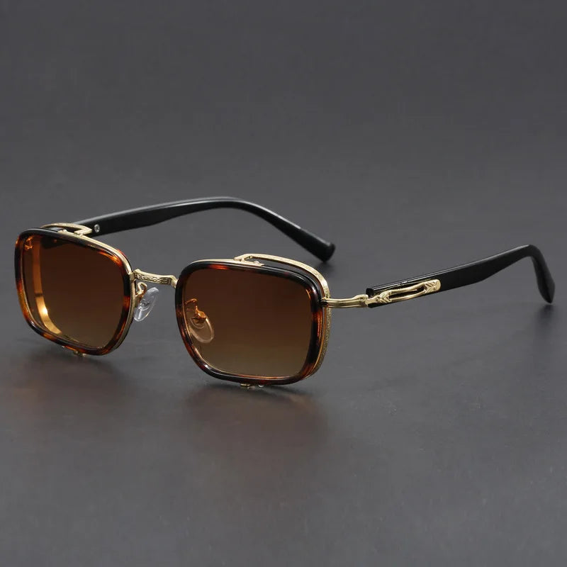 Elias Rectangle Frame Sunglasses with polished metal frames and brown lenses for modern UV protection and comfort.