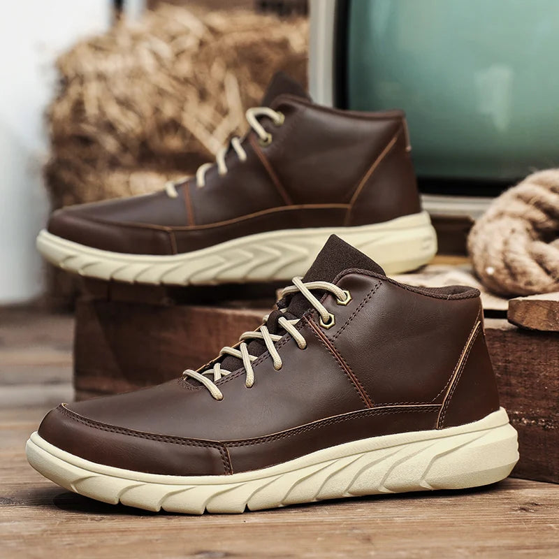 Summit Leather Mid-Tops: Durable brown mid-top sneakers with cushioned sole and lace-up design for comfort and style.